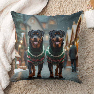 Cojín Decorativo Perros Rottweiler Navidad Nieve Fiesta