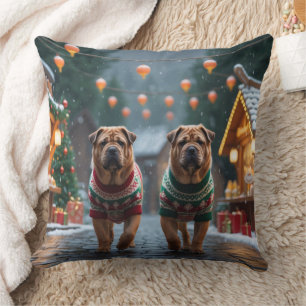 Cojín Decorativo Perros Shar Pei Navidad Nieve Fiesta
