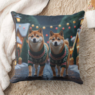 Cojín Decorativo Perros Shiba Inu Navidad Nieve Fiesta