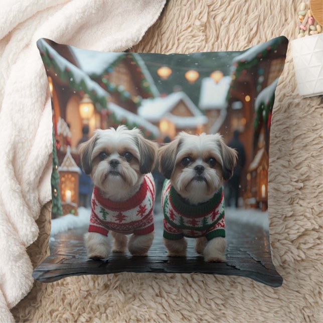 Cojín Decorativo Perros Shih Tzu Navidad Nieve Fiesta (Manta)