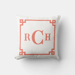 Cojín Decorativo Persimmon Coral Chinoiserie Llave griega Monograma