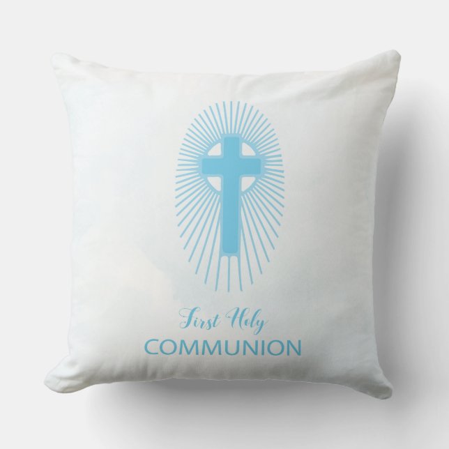 Cojín Decorativo Personalice, Blue First Holy Communia Cross Host (Anverso)