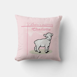 Cojín Decorativo Personalizable, bautismo, rosa, Chica, cordero