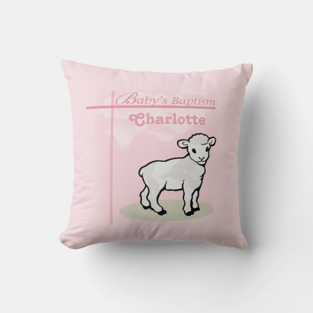 Cojín Decorativo Personalizable, bautismo, rosa, Chica, cordero (Anverso)