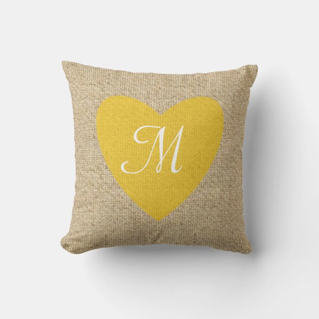 Cojín Decorativo Personalizable burlap amarillo corazón monograma a (Anverso)