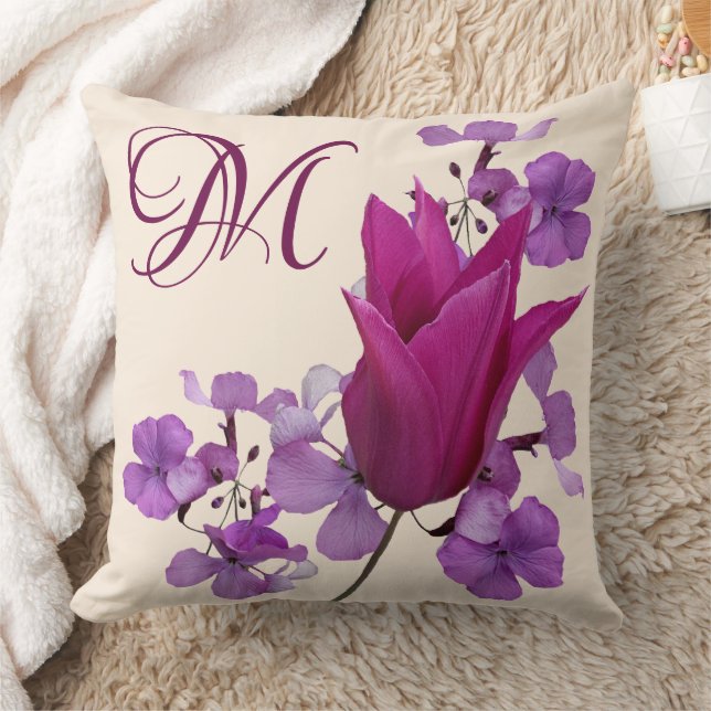 Cojín Decorativo Personalizable M monogramo rosa morado trendy flor (Manta)