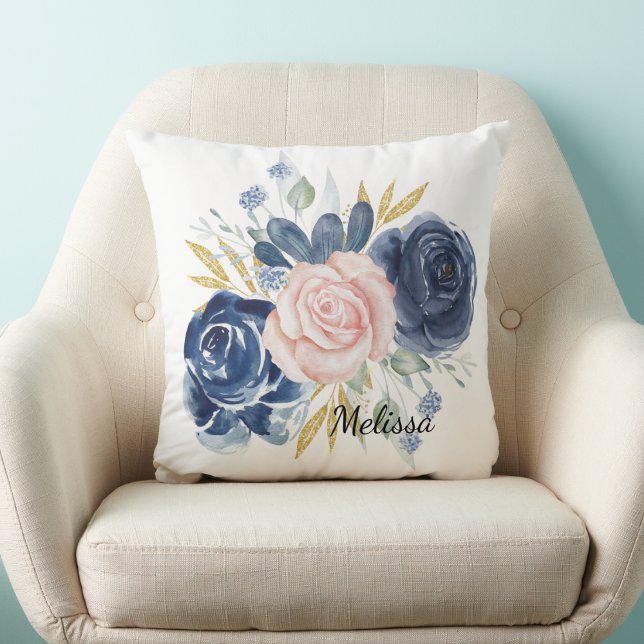 Cojín Decorativo Personalización floral rosa rosa azul marino (Subido por el creador)