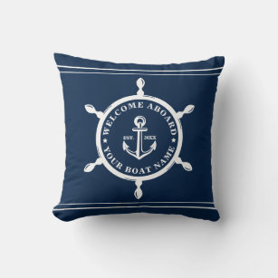 Cojín Decorativo Personalizado azul de la Marina Náutica Nombre del