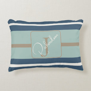 Cojín Decorativo Personalizado Azul Menta Bronceado Raya Monograma 
