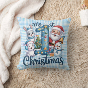 Cojín Decorativo Personalizado Baby Azul Gingham Mi Primer Navidad