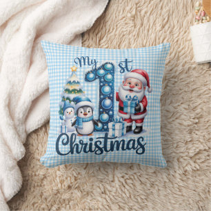 Cojín Decorativo Personalizado Baby Blue Gingham Mi Primer Navidad