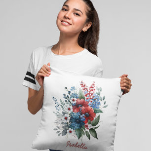 Cojín Decorativo Personalizado Bonito Acuarela Azul Rojo Floral Bla