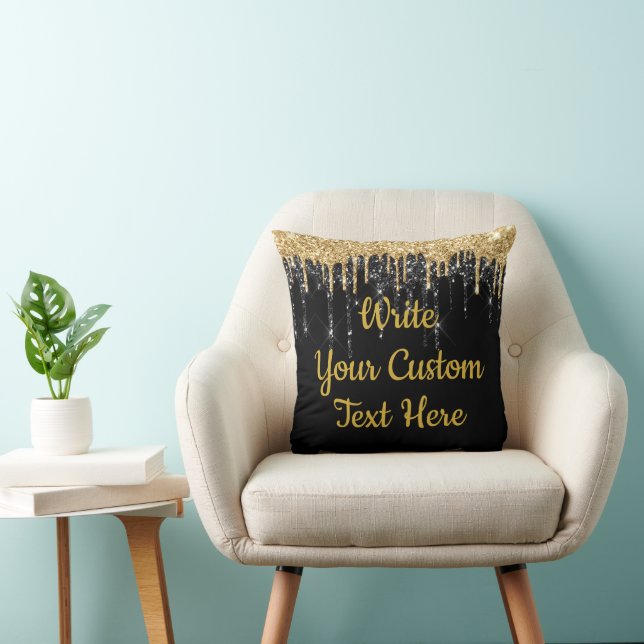 Cojín Decorativo Personalizado Brillante Bonito Negro y Dorado (Silla)