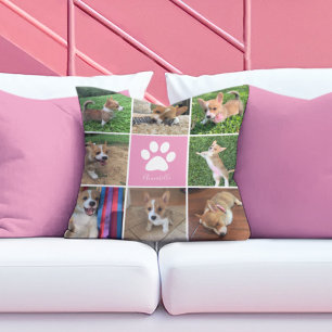 Cojín Decorativo Personalizado Collage de fotos de perro Papas rosa
