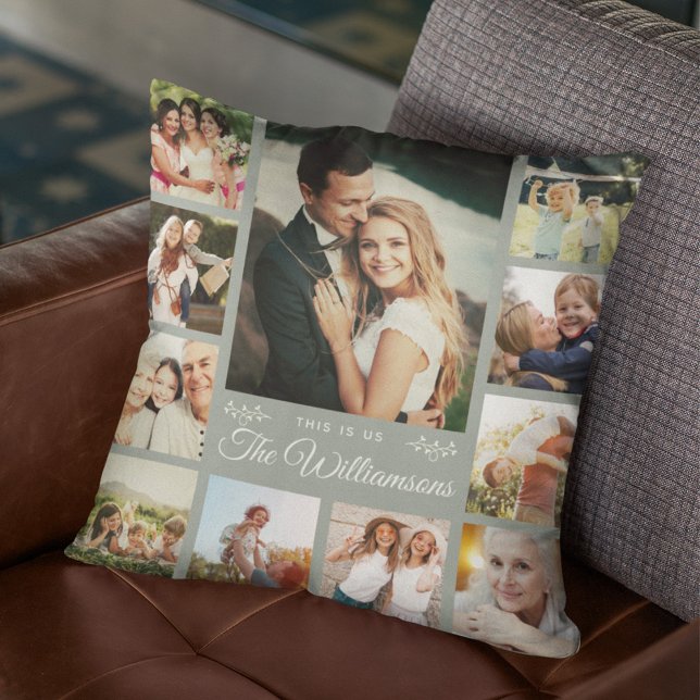 Cojín Decorativo Personalizado Collage de fotos familiar verde mode (Cuddle up to memories! Our custom family photo pillow in modern dusty green.)