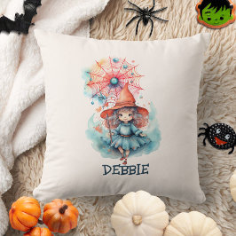 Cojín Decorativo Personalizado Cute Girly Pink Witch Watercolor Hal