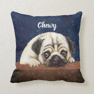 Cojín Decorativo Personalizado Cute Pug texto azul marrón moderno