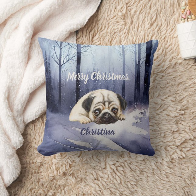 Cojín Decorativo Personalizado Cute Pug texto Winter Forest Edition (Manta)