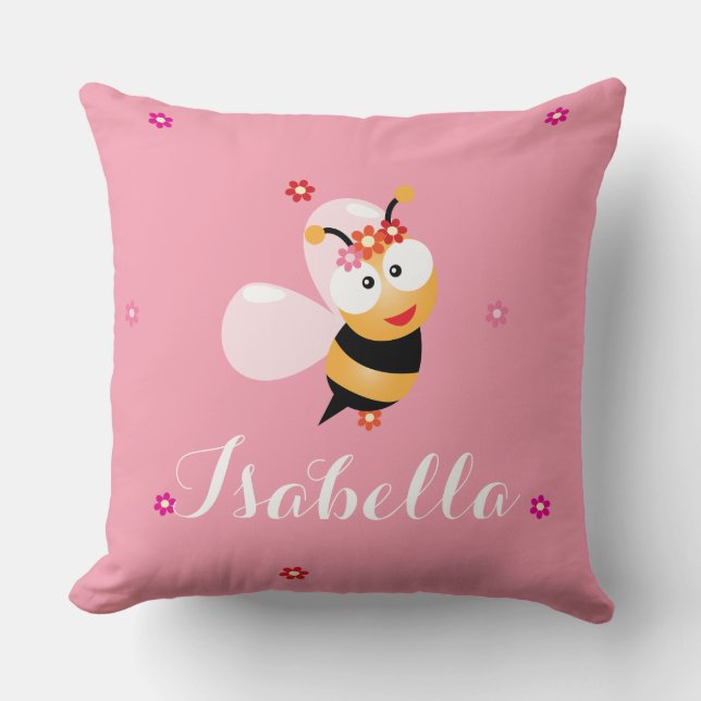 Cojín Decorativo Personalizado De Abeja, Niña De Flor Rosa (Anverso)