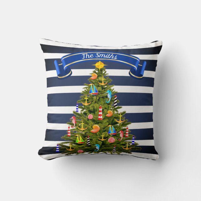 Cojín Decorativo Personalizado de árbol de Navidad náutico (Anverso)