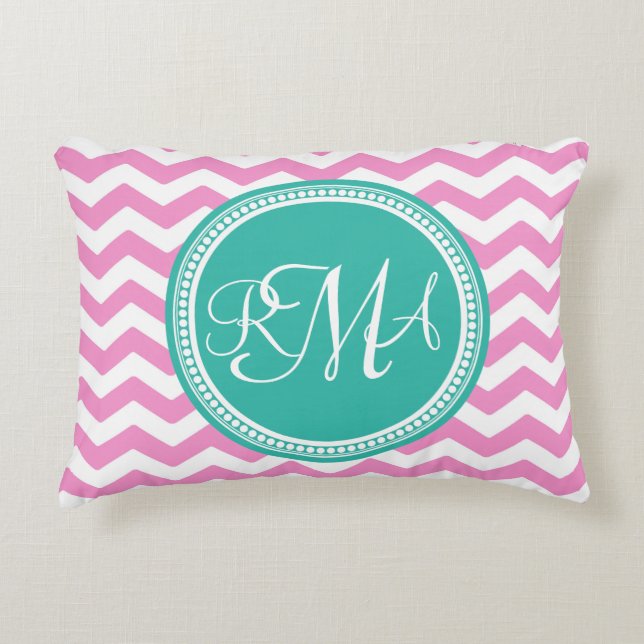 Cojín Decorativo Personalizado de Chevron rosado y Verde azulado mo (Anverso)