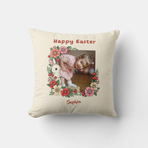 Cojín Decorativo Personalizado de conejito floral feliz de Pascua p