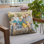 Cojín Decorativo Personalizado de escritura blanca de amor familiar<br><div class="desc">La moderna y elegante almohada de lanzamiento de personalizados cuenta con una foto o fotos favoritas con un mínimo de diseño superpuesto de tipografía blanca "familiar" que incluye detalles elegantes de flor y corazón. Se puede modificar el color del texto blanco. El diseño de 2 fotos frontal o posterior permite...</div>