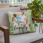 Cojín Decorativo Personalizado de escritura negra de amor familiar<br><div class="desc">La moderna y elegante almohada de lanzamiento de personalizados cuenta con una foto o fotos favoritas con un mínimo diseño de superposición de tipografía "familiar" que incluye detalles elegantes de flor y corazón. Se puede modificar el color del texto negro. El diseño de 2 fotos frontal o posterior permite incluir...</div>