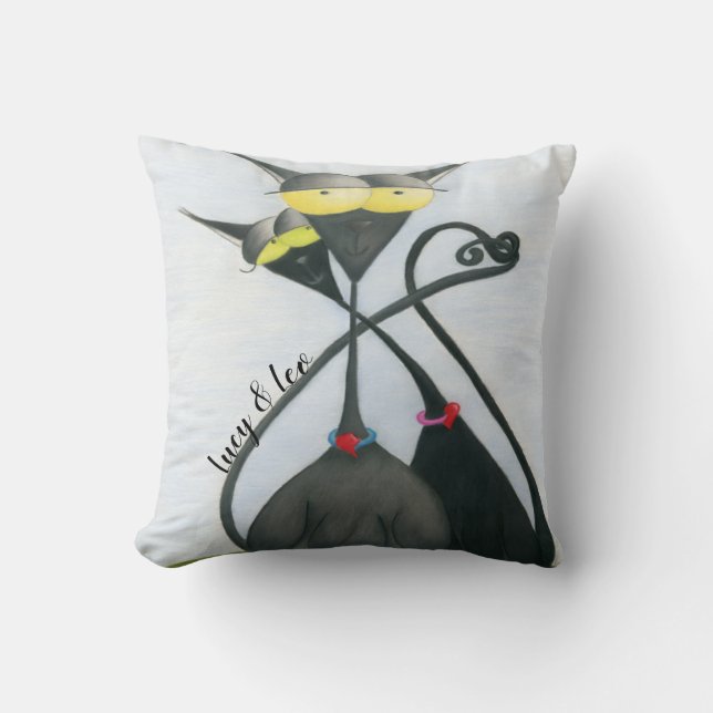 Cojín Decorativo Personalizado de gato negro y gris (Anverso)
