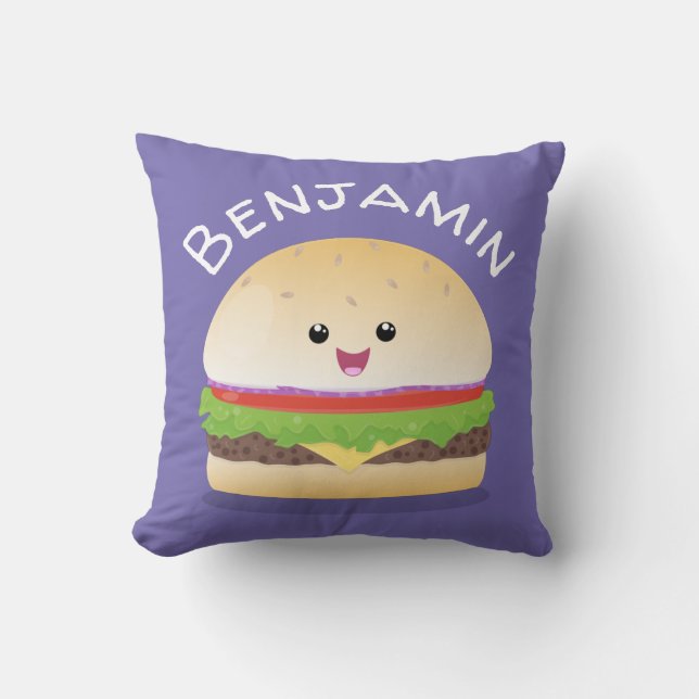 Cojín Decorativo Personalizado de hamburguesa kawaii feliz (Anverso)