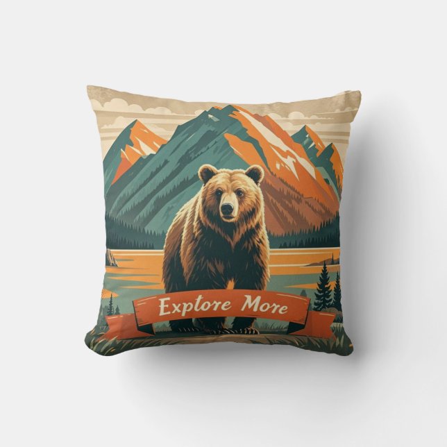 Cojín Decorativo Personalizado de oso de estilo retro y cordillera (Anverso)