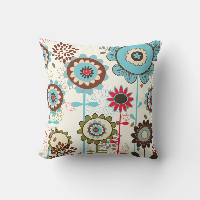 Cojín Decorativo Personalizado de patrón floral azul turquesa retro (Anverso)