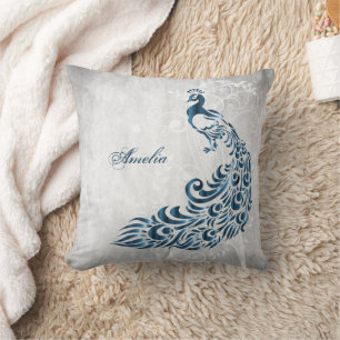 Cojín decorativo personalizado de pavo real azul