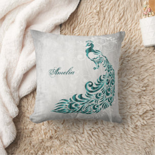 Cojín decorativo personalizado de pavo real verde 