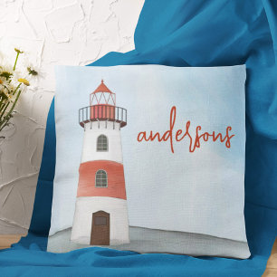Cojín Decorativo Personalizado del faro de acuarela costera
