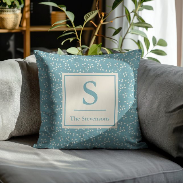 Cojín Decorativo Personalizado del Monograma Botánico Blanco Azul V (Subido por el creador)