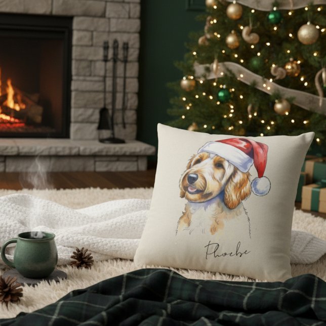 Cojín Decorativo Personalizado dibujó a Navidades con el retrato do (Add a special touch to your Christmas tree with this custom pet portrait throw pillow! )