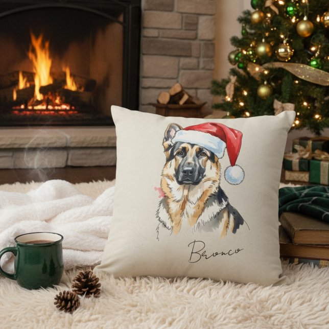 Cojín Decorativo Personalizado dibujó Navidades a perro pastor alem (Add a special touch to your home with this custom pet portrait throw pillow! )