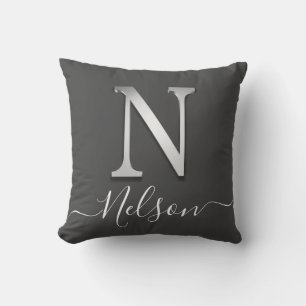 Cojín Decorativo Personalizado elegante plateado Monograma N Nombre