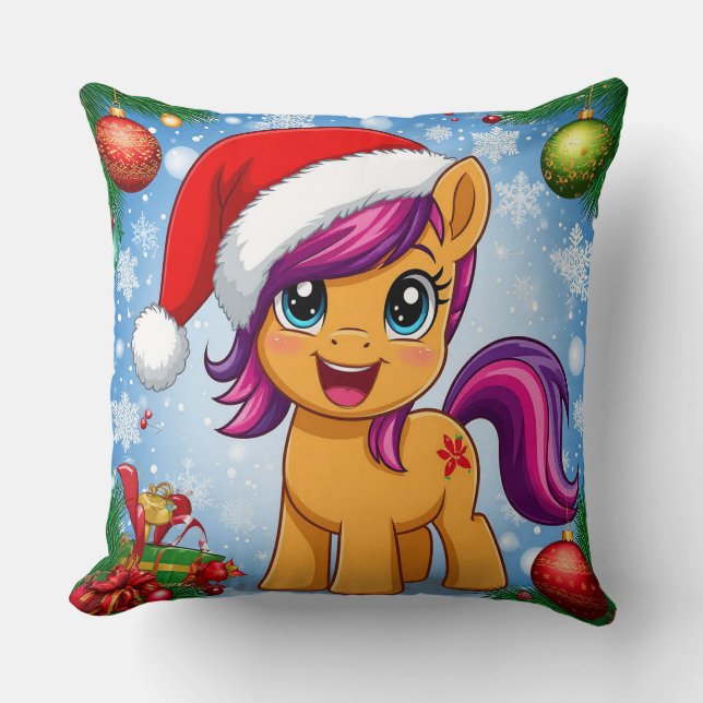 Cojín Decorativo Personalizado festivo Pony con sombrero Santa (Anverso)