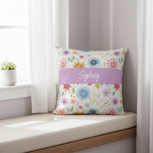 Cojín Decorativo Personalizado Flor Silvestre Bohemio Azul Purpura