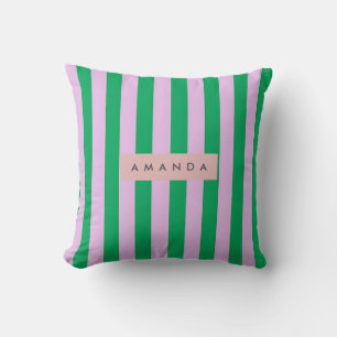Cojín Decorativo Personalizado Fresco Verde y Rosa Rayado Retro