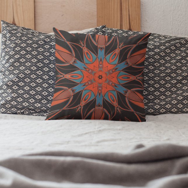 Cojín Decorativo Personalizado Mandala Flor Azul Naranja y Negro (Subido por el creador)