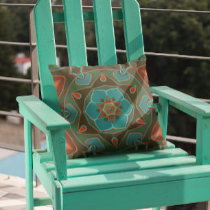 Cojín Decorativo Personalizado Mandala Flor Azul y Naranja