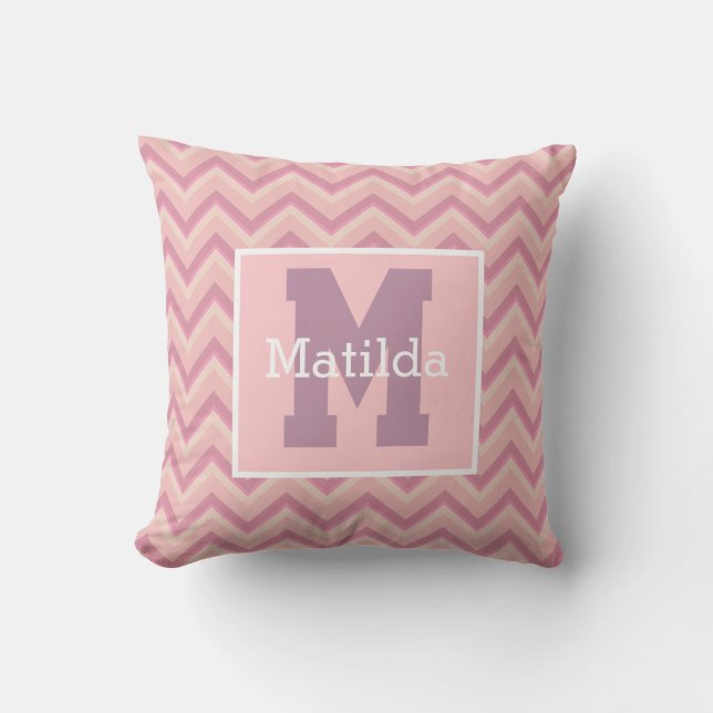 Cojín Decorativo Personalizado Mauve Purple Pink Chevron Monograma (Anverso)