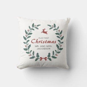 Cojín Decorativo Personalizado Merry Christmas Wreath Deer holly be