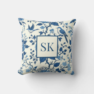 Cojín Decorativo Personalizado Monograma Chinoiserie Azul y Blanco