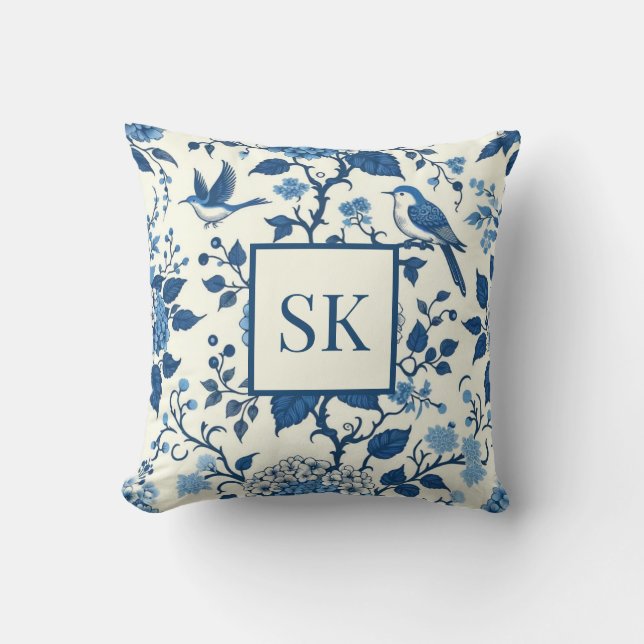 Cojín Decorativo Personalizado Monograma Chinoiserie Azul y Blanco (Anverso)