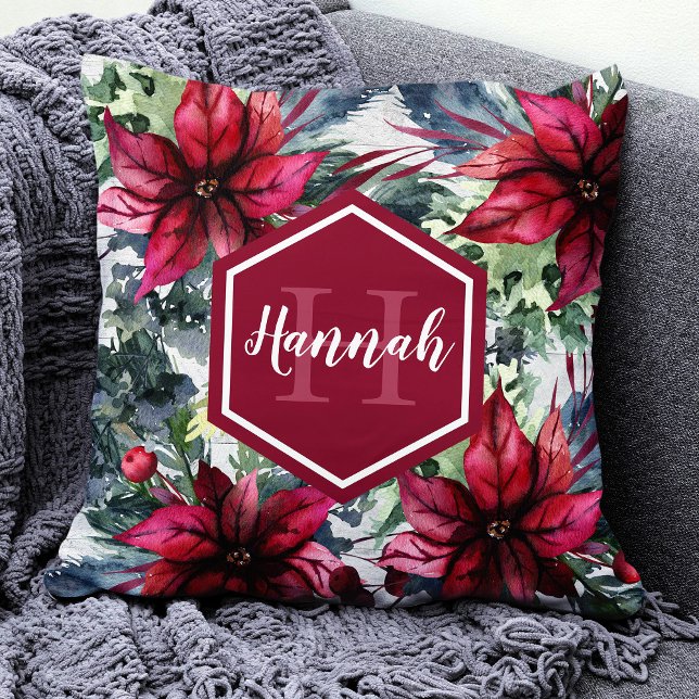Cojín Decorativo Personalizado Monograma Nombre Poinsettia roja (Subido por el creador)