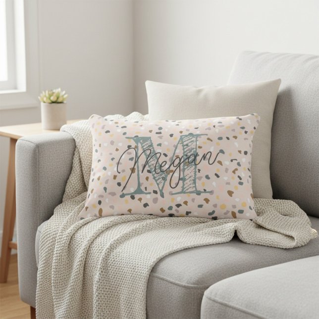 Cojín Decorativo Personalizado Monograma Patrón Terrazzo Neutral su (Subido por el creador)